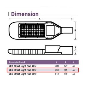 ขนาดและรายละเอียดโคมไฟถนน LED Street Light (Flat) 50w (เดย์ไลท์) EVE