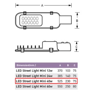 ขนาดและรายละเอียดโคมไฟถนน LED Street Light Mini 40w (เดย์ไลท์) EVE