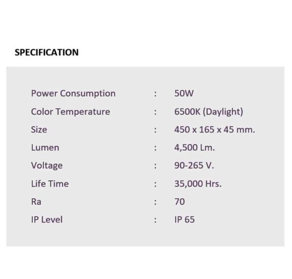 รายละเอียดโคมไฟถนน LED Flat 50W (เดย์ไลท์) EVE