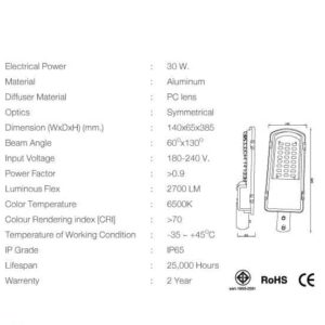 ขนาดและรายละเอียดโคมไฟถนน LED รุ่นMini 30w ยี่ห้อGATA